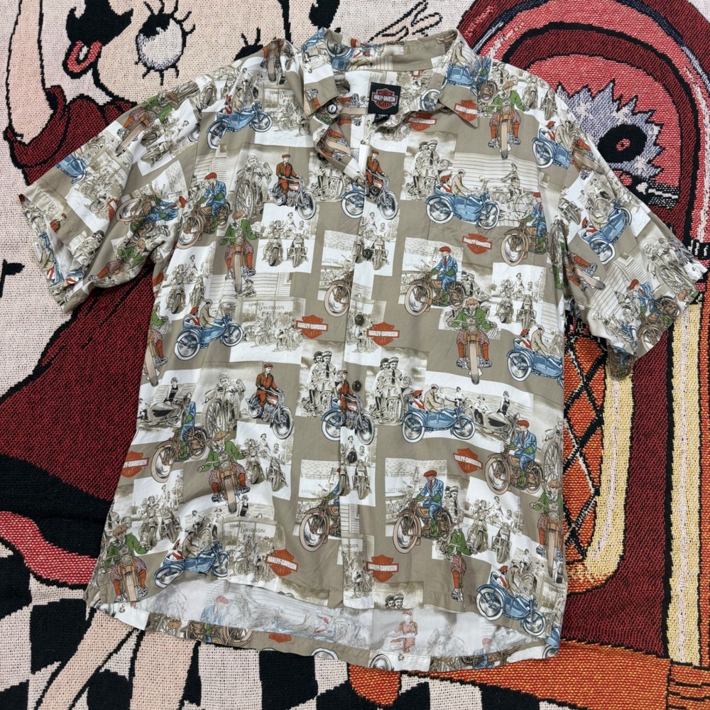 Vintage Harley Davidson Antique Motorcycle Print Button Down Shirt Men Large